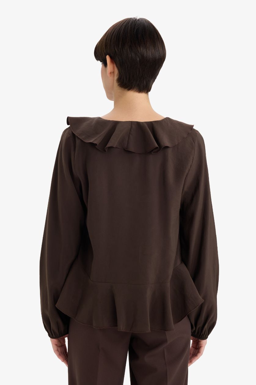 نساء بني بلوزة كم طويل قصة عادية بياقة V