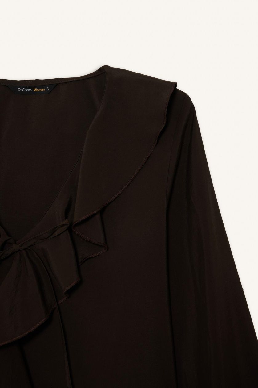 نساء بني بلوزة كم طويل قصة عادية بياقة V