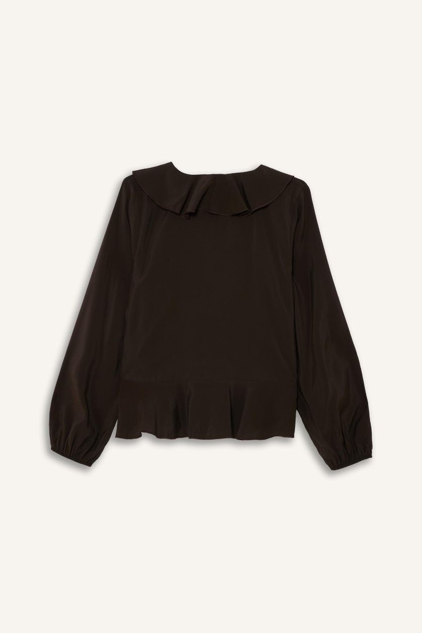 نساء بني بلوزة كم طويل قصة عادية بياقة V