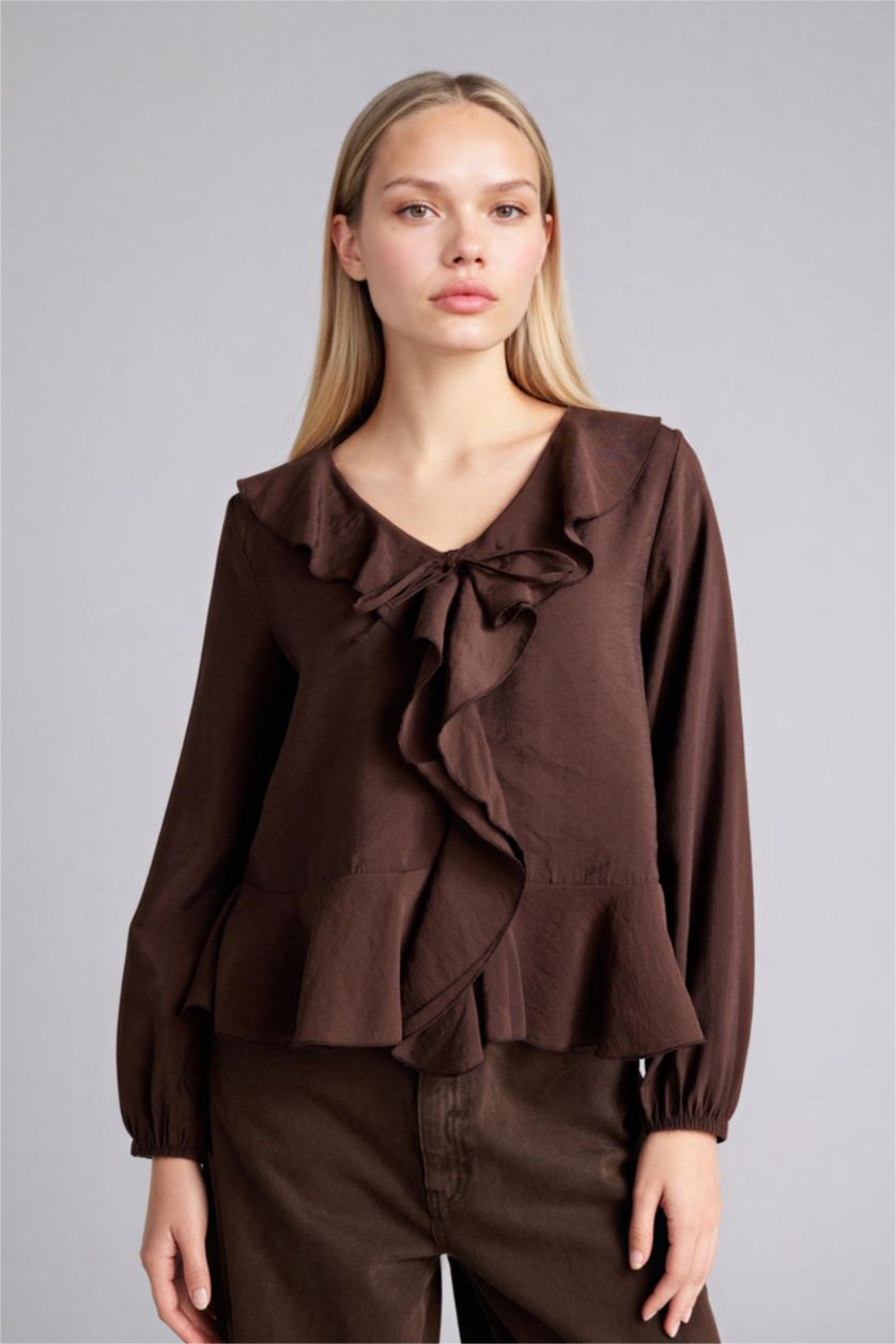 WOMAN Brown Regular Fit V-Neck Long Sleeve Blouse