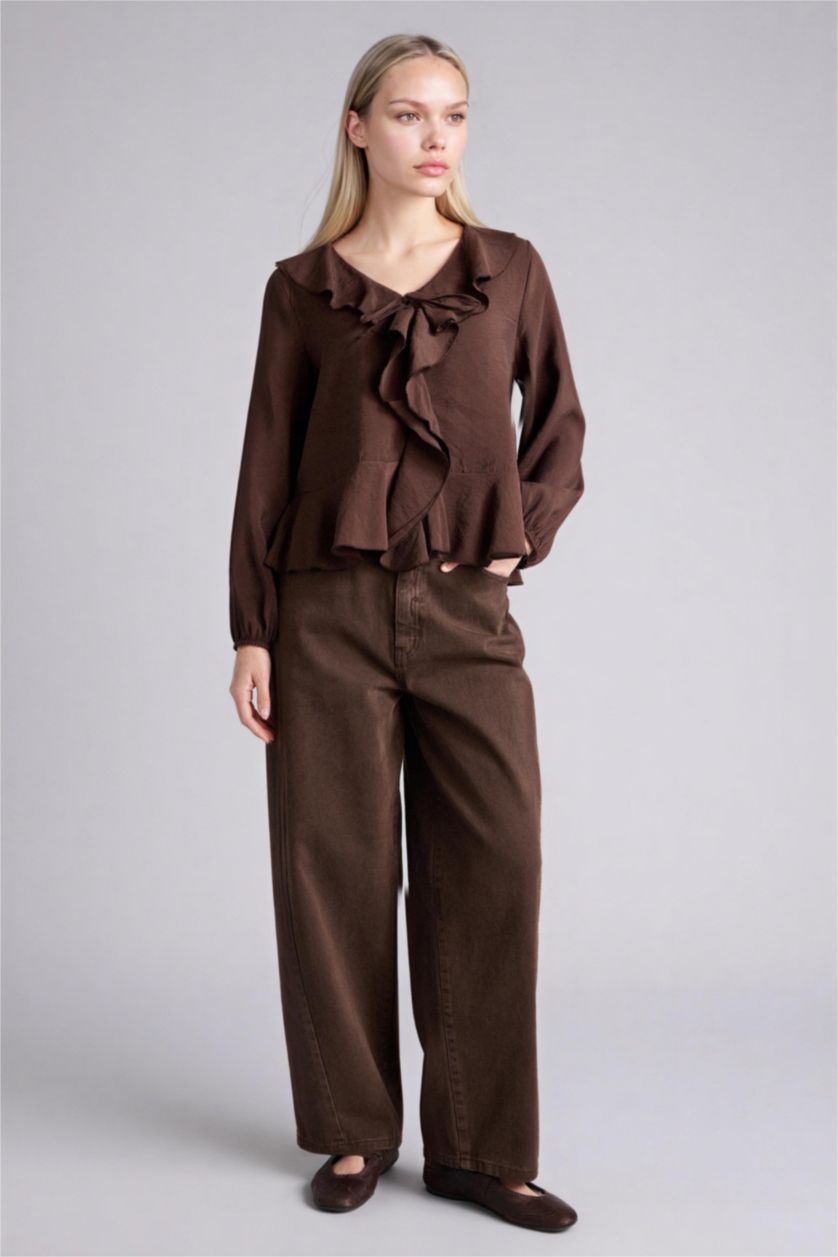 WOMAN Brown Regular Fit V-Neck Long Sleeve Blouse