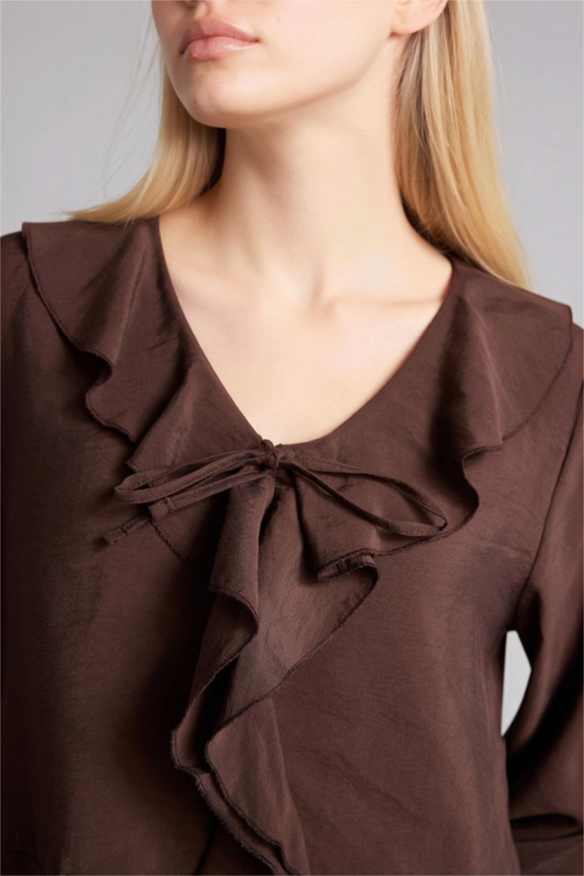 WOMAN Brown Regular Fit V-Neck Long Sleeve Blouse