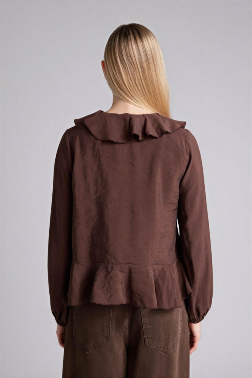 WOMAN Brown Regular Fit V-Neck Long Sleeve Blouse