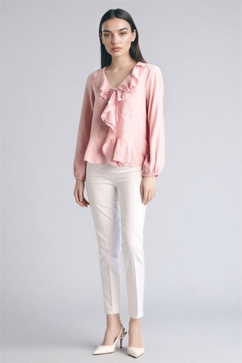 Woman Rose Regular Fit V-Neck Long Sleeve Blouse