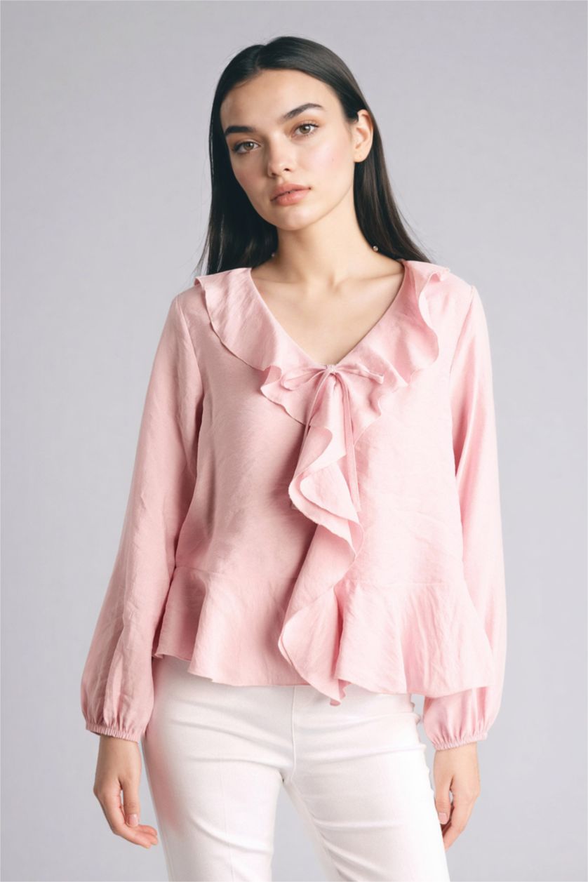 Woman Rose Regular Fit V-Neck Long Sleeve Blouse