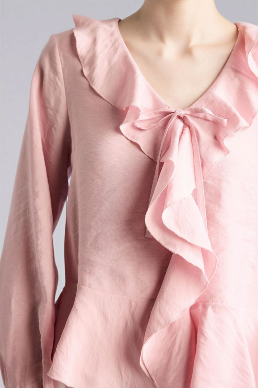 Woman Rose Regular Fit V-Neck Long Sleeve Blouse