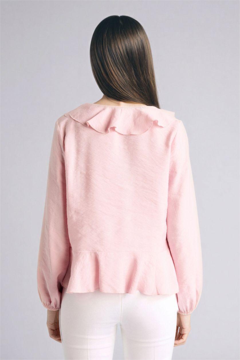 Woman Rose Regular Fit V-Neck Long Sleeve Blouse