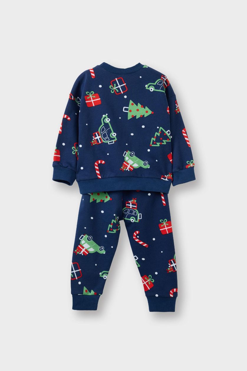 Erkek Bebek Lacivert Yılbaşı Temalı 2'li Takım Sweatshirt Eşofman Altı Erkek Bebek