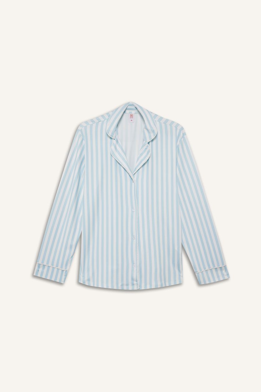 Kadın Açık Mavi Regular Fıt Pijama Yaka Uzun Kollu Üst