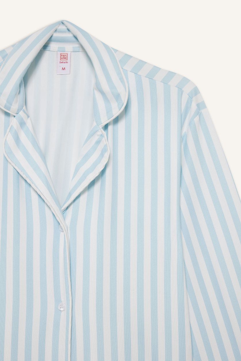 Kadın Açık Mavi Regular Fıt Pijama Yaka Uzun Kollu Üst