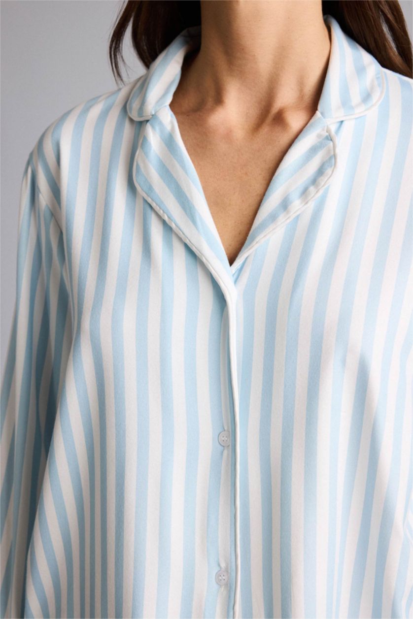 Kadın Açık Mavi Regular Fıt Pijama Yaka Uzun Kollu Softshell Üst