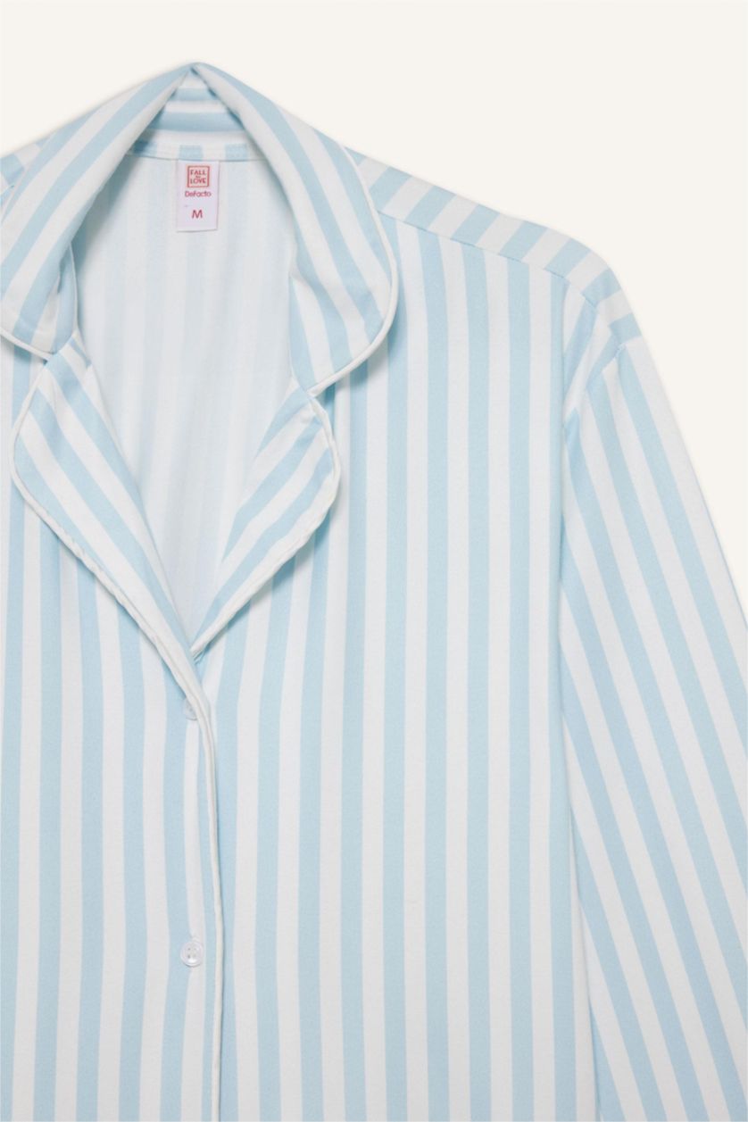 Kadın Açık Mavi Regular Fıt Pijama Yaka Uzun Kollu Softshell Üst