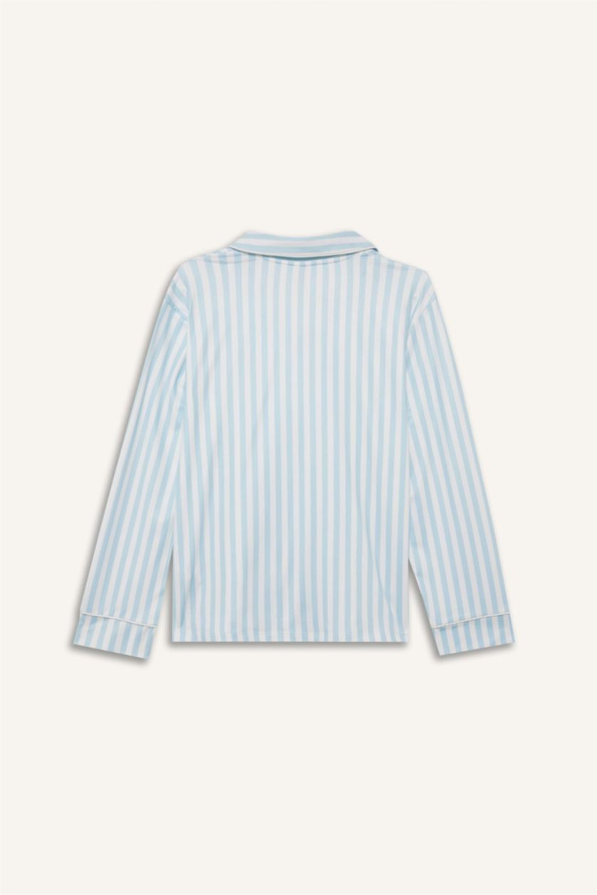 Kadın Açık Mavi Regular Fıt Pijama Yaka Uzun Kollu Softshell Üst