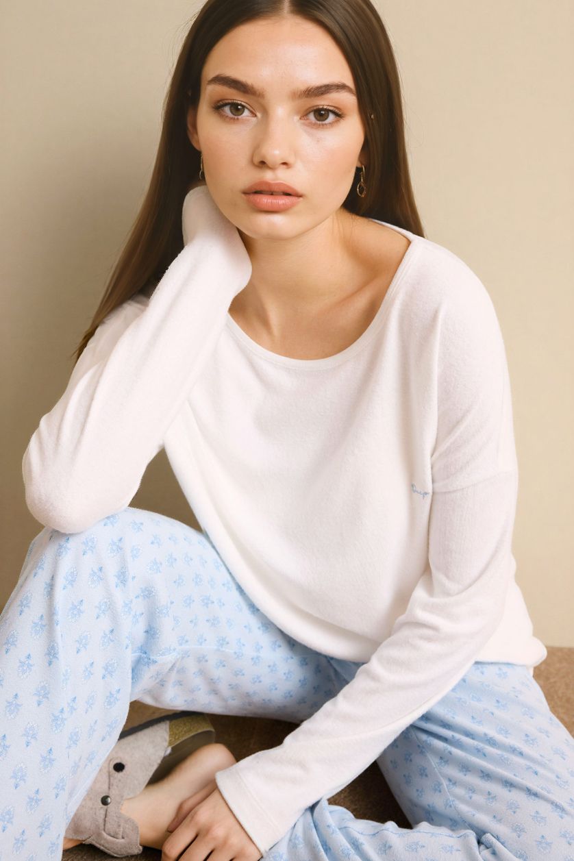 نساء أزرق فاتح سيت قصة عادية ردن طويل - قطعتين