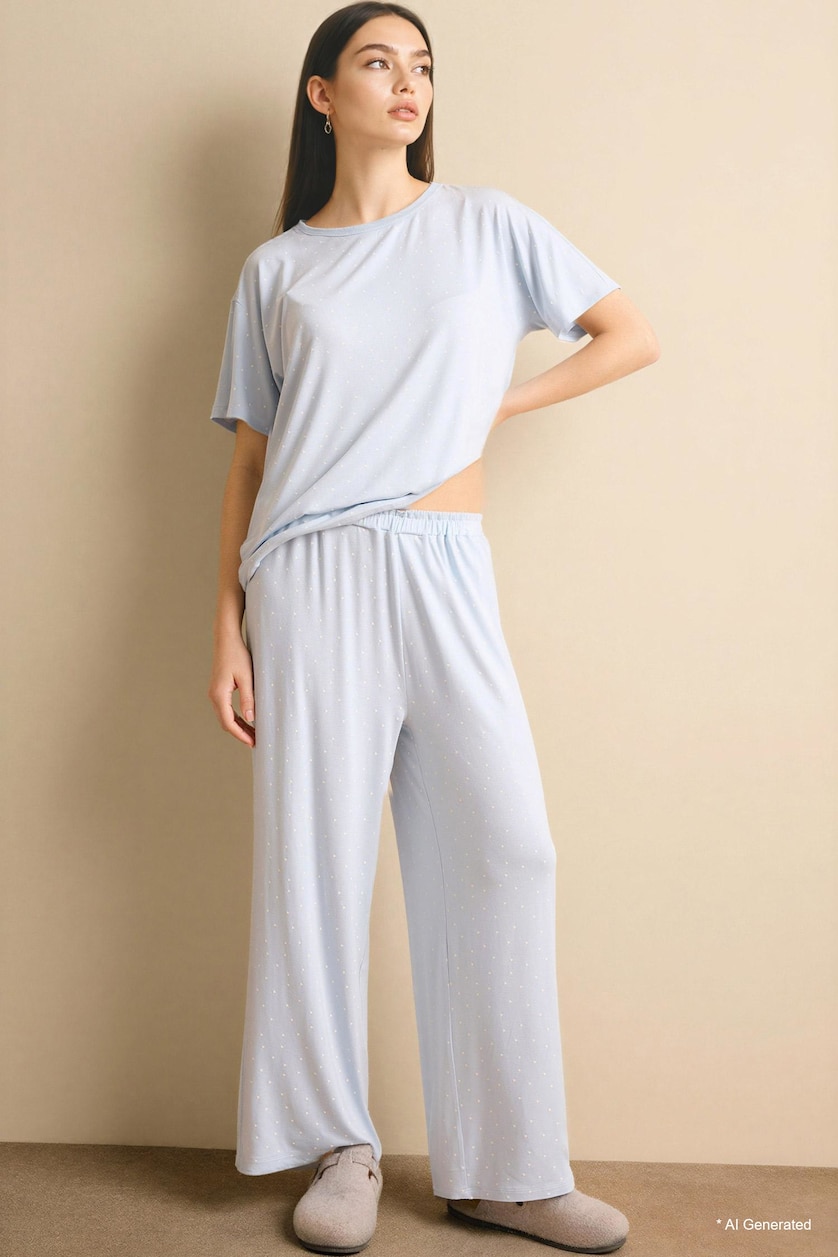Women Light Blue Short Sleeve Top Bottom 2 Piece Pyjamas Set