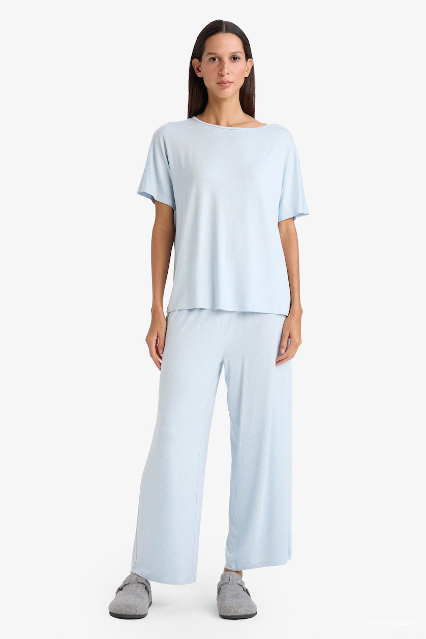 Women Light Blue Short Sleeve Top Bottom 2 Piece Pyjamas Set