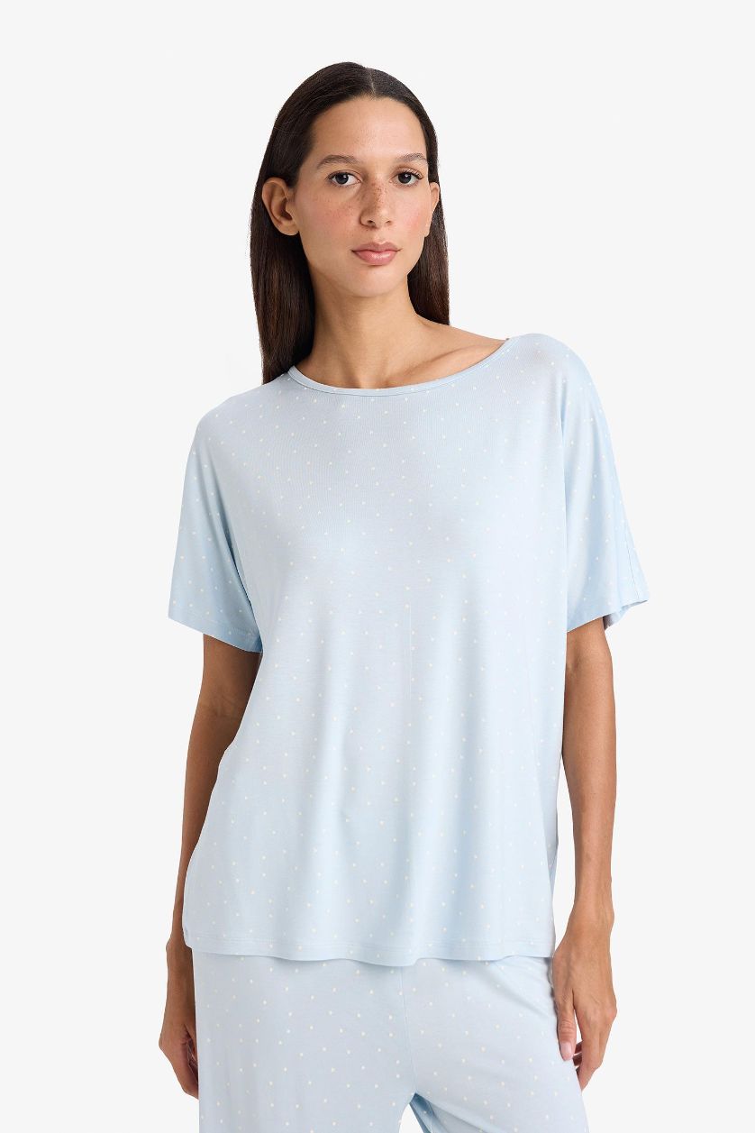 Woman Light Blue Short Sleeve Top Bottom 2 Piece Pajama Set