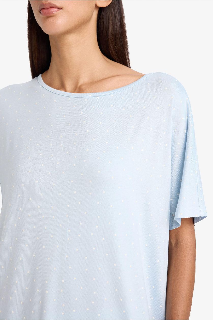 Woman Light Blue Short Sleeve Top Bottom 2 Piece Pajama Set