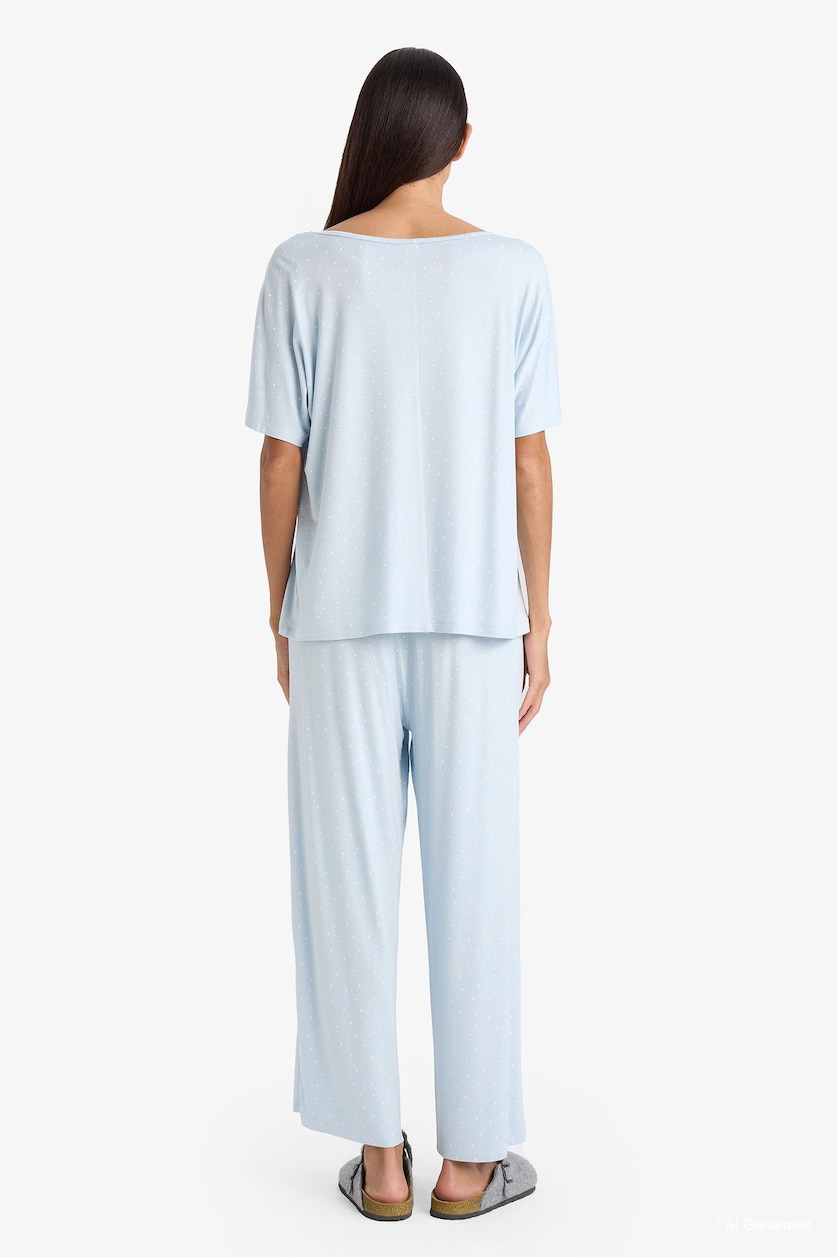 Women Light Blue Short Sleeve Top Bottom 2 Piece Pyjamas Set