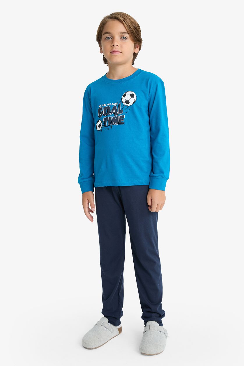 Erkek Çocuk - Genç Erkek Koyu Mavi Pijama Takımı Baskılı Uzun Kollu Üst Uzun Alt Erkek Çocuk