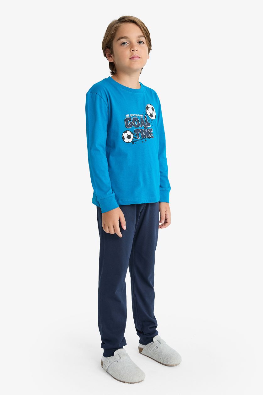 Erkek Çocuk - Genç Erkek Koyu Mavi Pijama Takımı Baskılı Uzun Kollu Üst Uzun Alt Erkek Çocuk