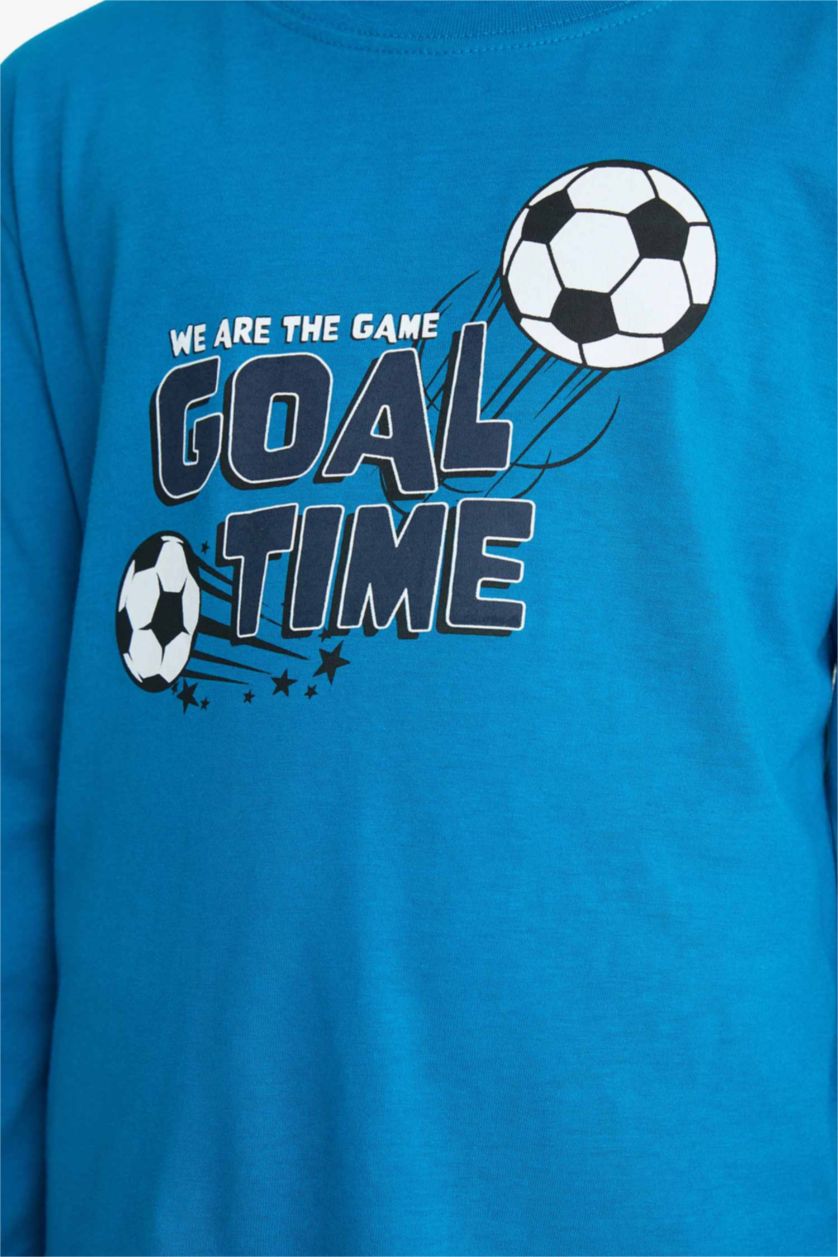 Erkek Çocuk - Genç Erkek Koyu Mavi Pijama Takımı Baskılı Uzun Kollu Üst Uzun Alt Erkek Çocuk