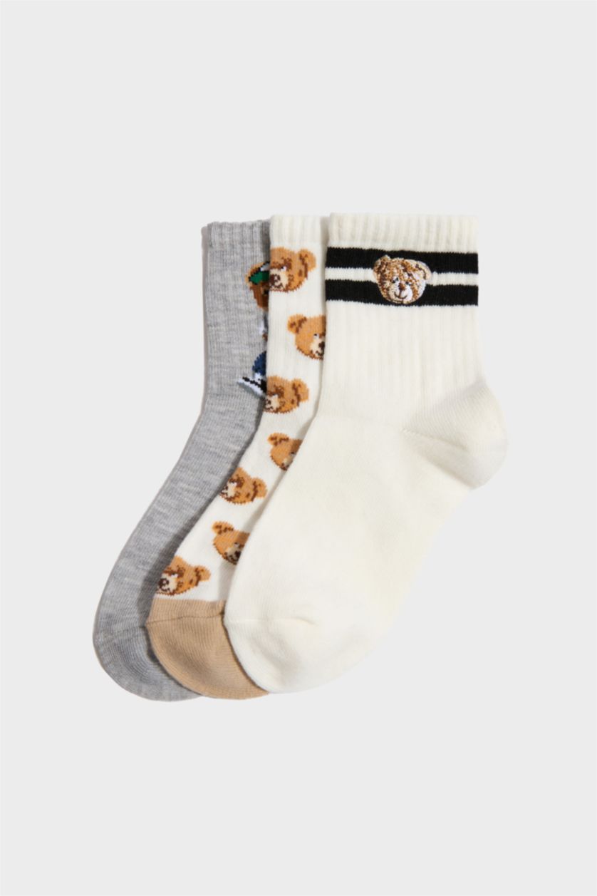 Erkek Çocuk - Genç Erkek Karma Ayıcıklı 3'lü Pamuklu Uzun Çorap Erkek Çocuk