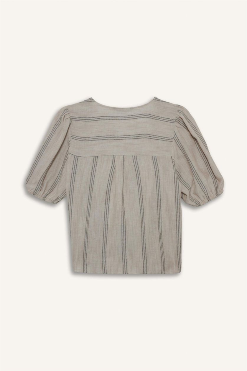 Kadın Bej Regular Fit Bisiklet Yaka Keten Karışımlı Önden Bağlamalı Kısa Kollu Bluz