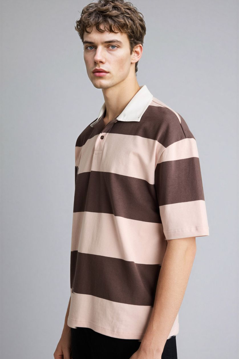 Erkek Açık Kahve Loose Fıt Polo Yaka Kısa Kollu Polo Tişört