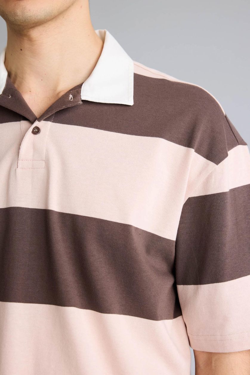 Erkek Açık Kahve Loose Fıt Polo Yaka Kısa Kollu Polo Tişört