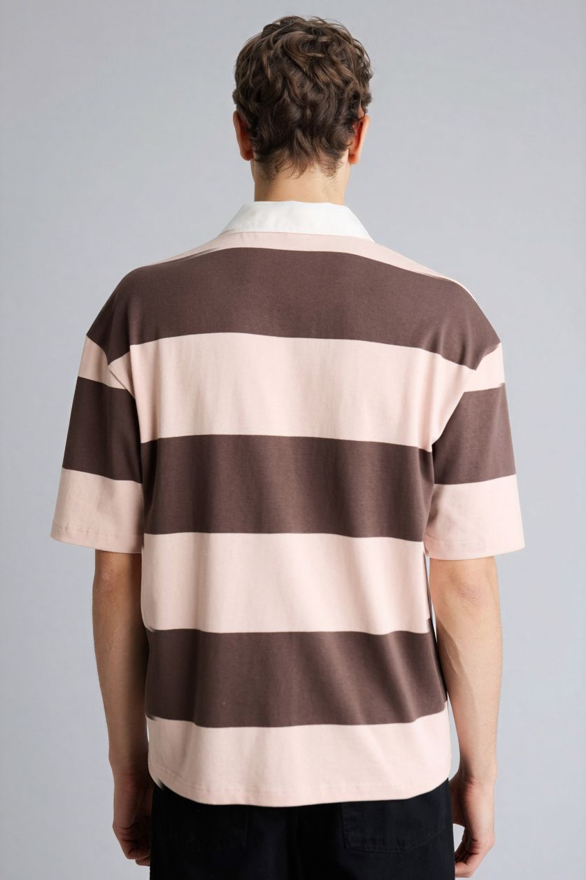 Erkek Açık Kahve Loose Fıt Polo Yaka Kısa Kollu Polo Tişört