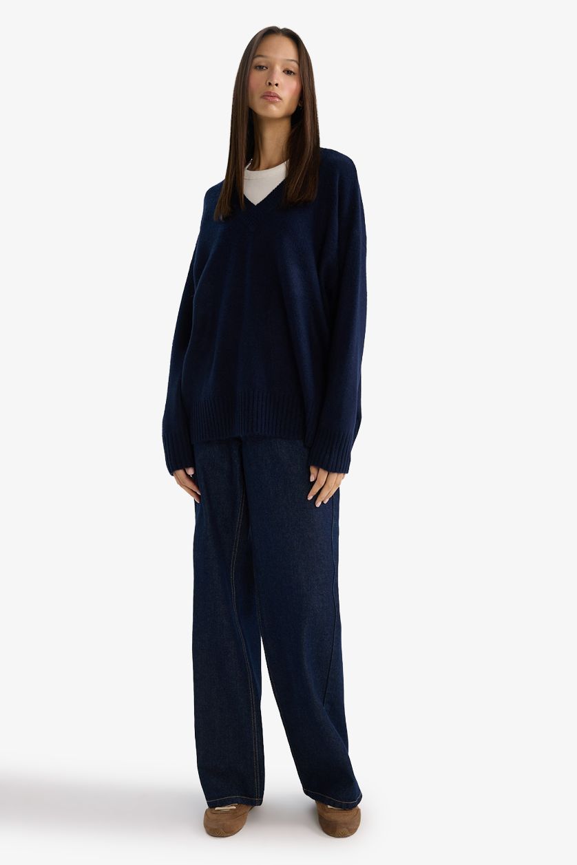 Kadın Lacivert Oversize Triko Kazak