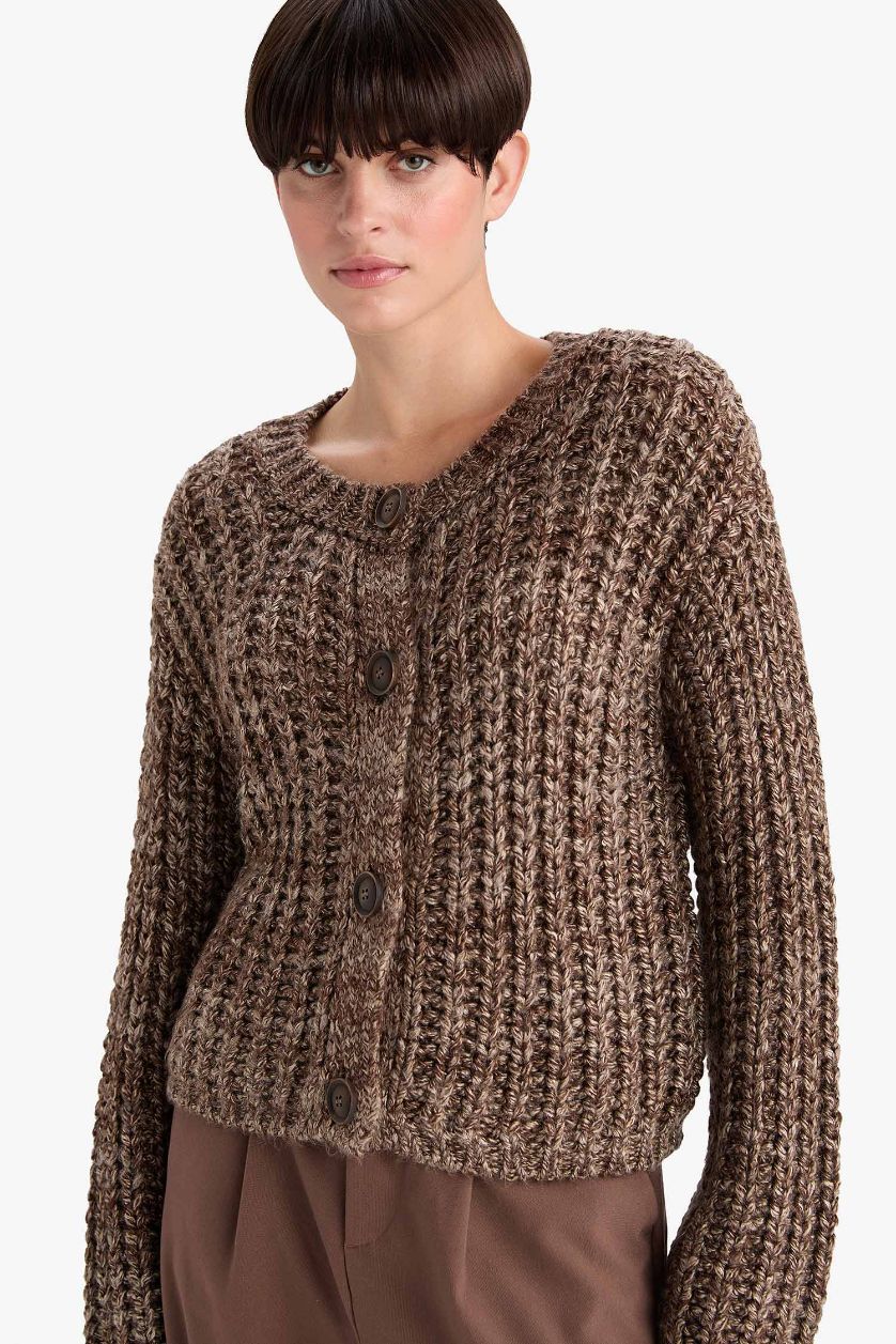 WOMAN Brown Oversize Fit Crew Neck Knitwear Cardigan