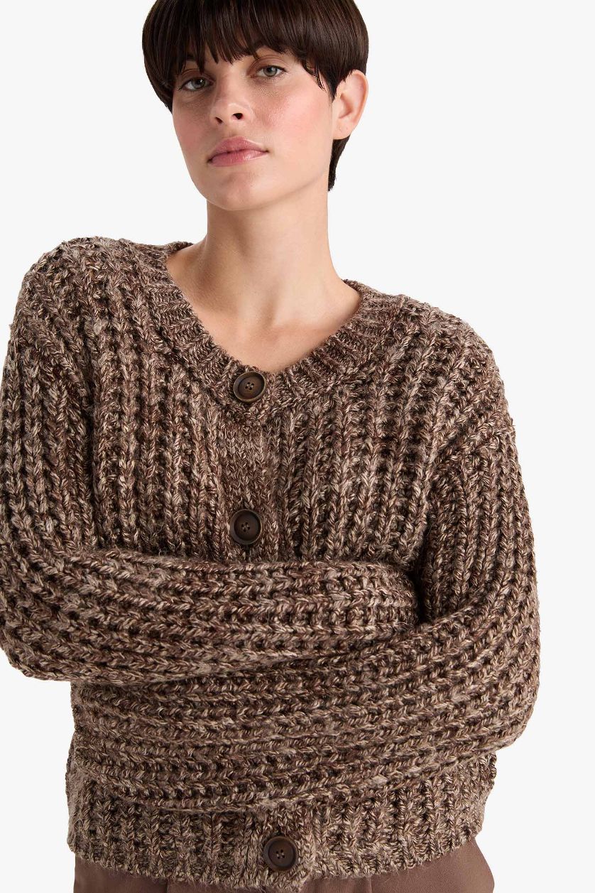 WOMAN Brown Oversize Fit Crew Neck Knitwear Cardigan