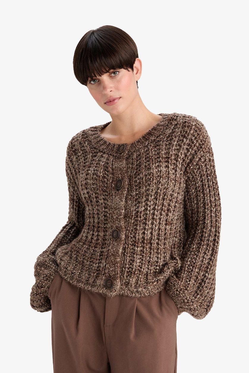 WOMAN Brown Oversize Fit Crew Neck Knitwear Cardigan