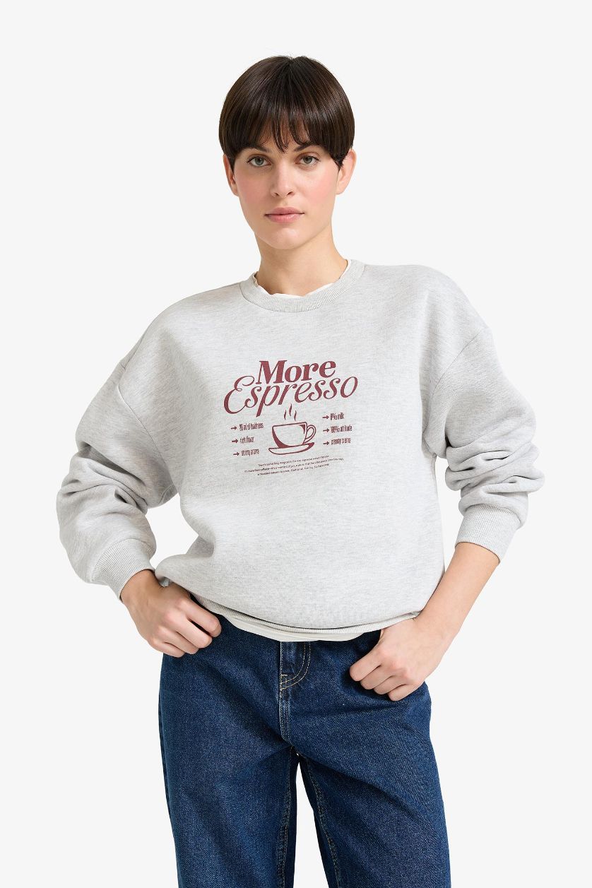 WOMAN Grey Melange Relax Fit Slogan Long Sleeve Sweatshirt
