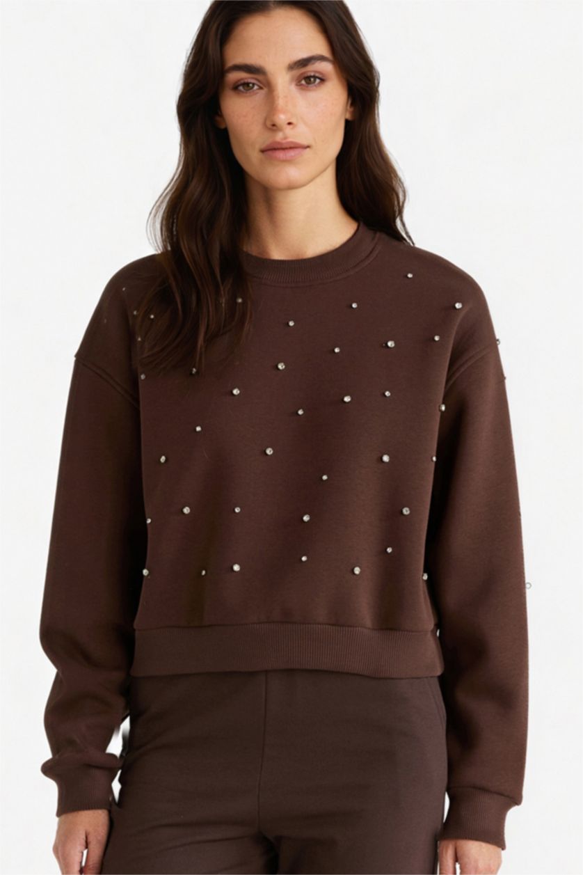 Kadın Kahve Boxy Fit Bisiklet Yaka İşlemeli Sweatshirt