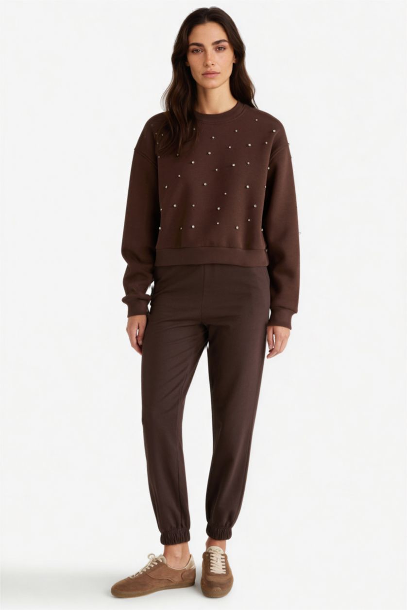 Kadın Kahve Boxy Fit Bisiklet Yaka İşlemeli Sweatshirt