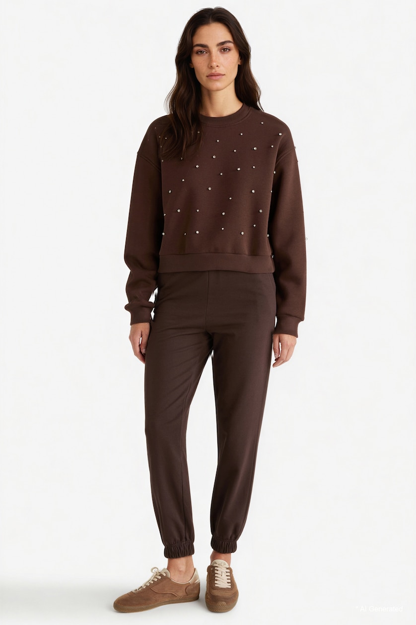 Kadın Kahve Boxy Fit Bisiklet Yaka İşlemeli Sweatshirt