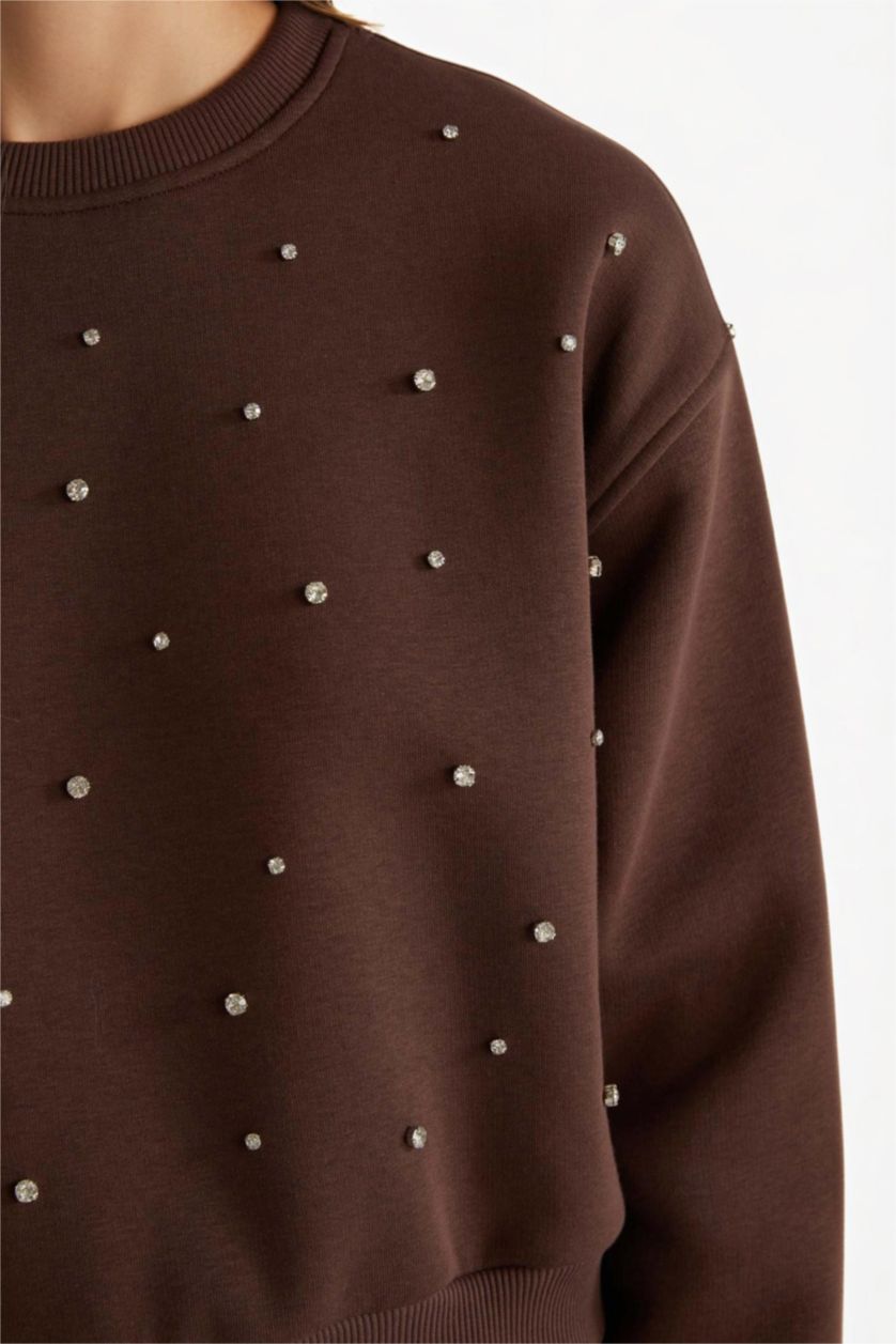 Kadın Kahve Boxy Fit Bisiklet Yaka İşlemeli Sweatshirt