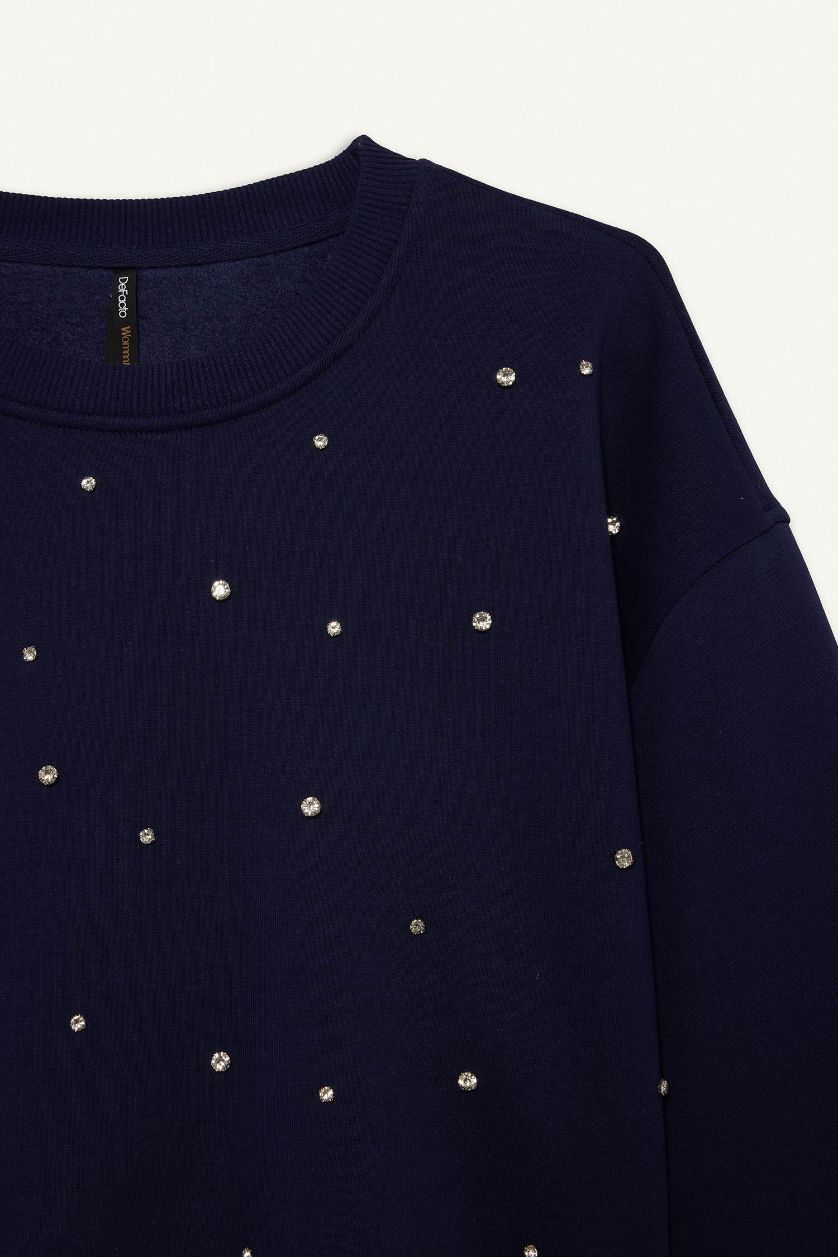 حريمي كحلي سويت شيرت تقيل اوفر سايز ورقبة مستديرة