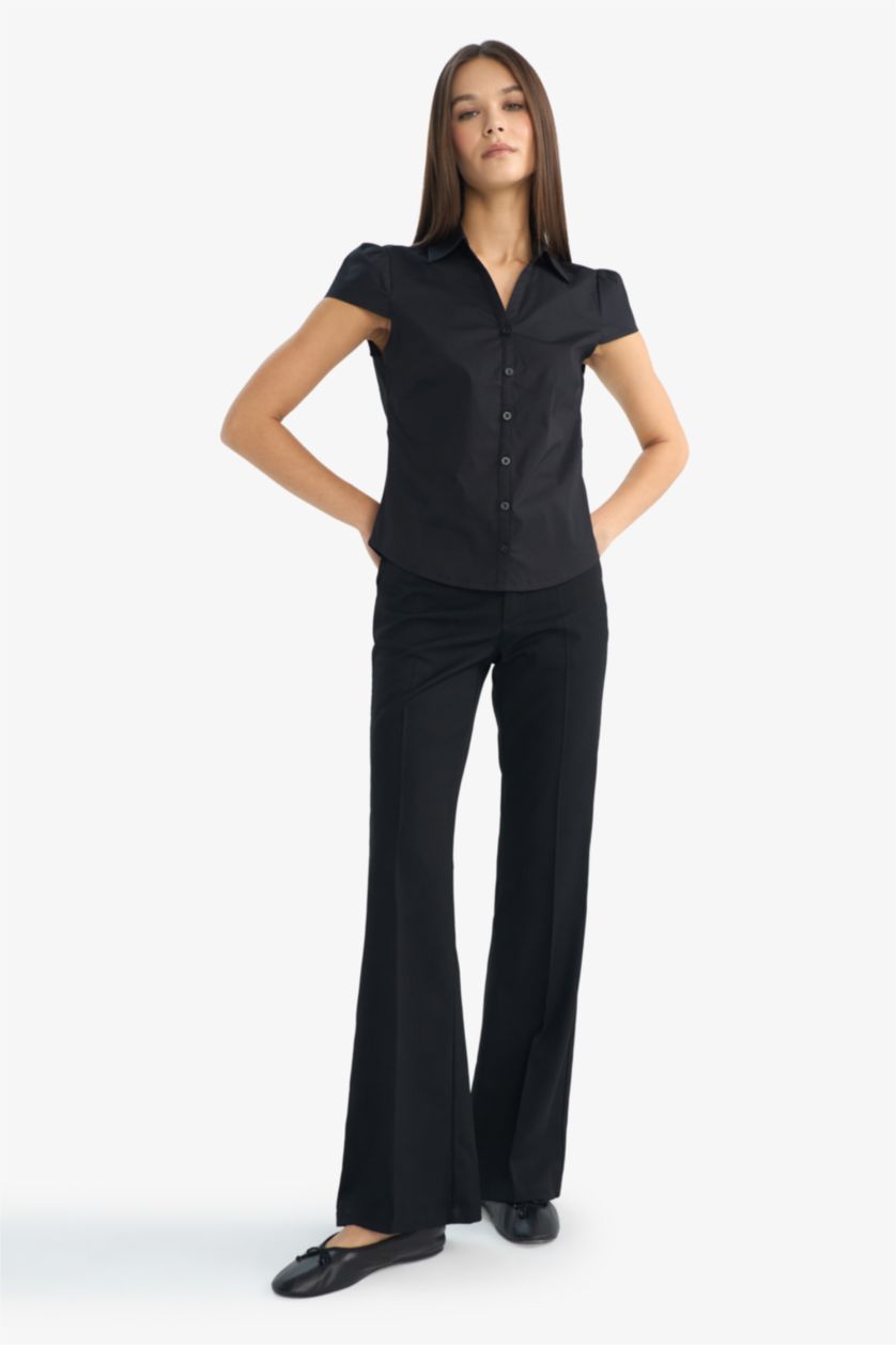 Woman Black Slim Fit Short Sleeve Shirt