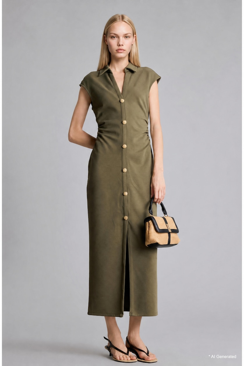 WOMAN Khaki Fitted Sleeveless Polo Collar Midi Dress
