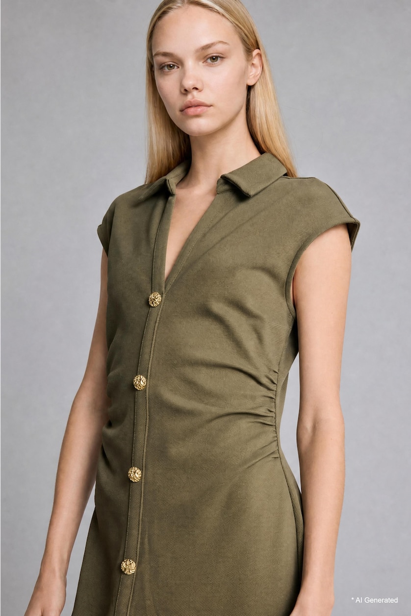 WOMAN Khaki Fitted Sleeveless Polo Collar Midi Dress