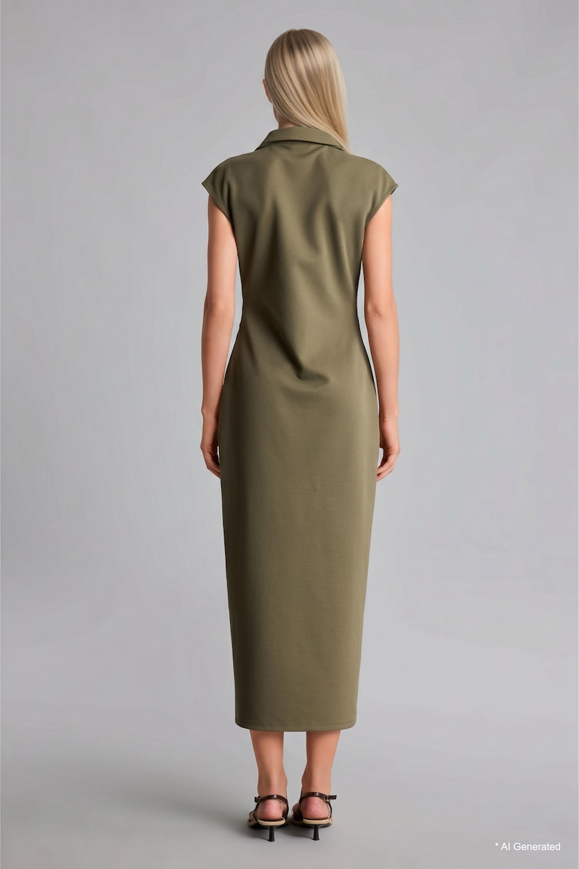 WOMAN Khaki Fitted Sleeveless Polo Collar Midi Dress