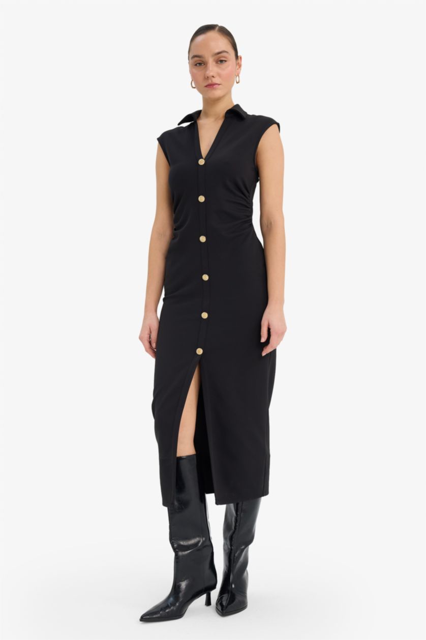 Woman Black Slim Fit Polo Collar Sleeveless Dress