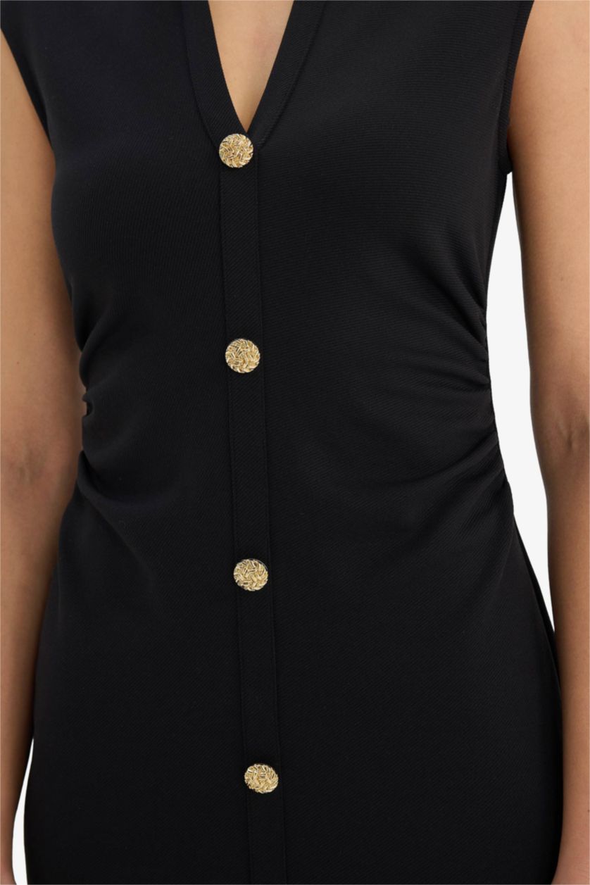 Woman Black Slim Fit Polo Collar Sleeveless Dress