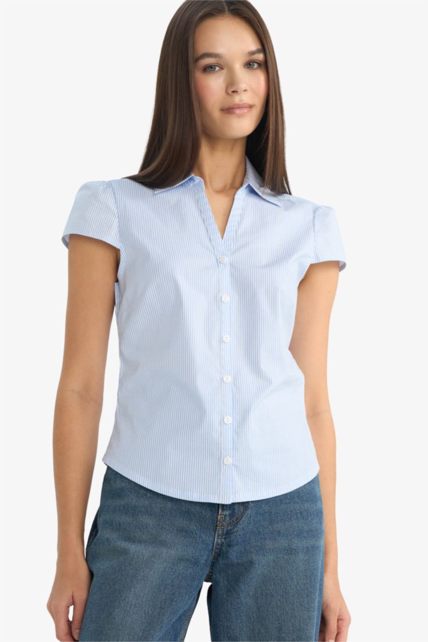 Woman Blue Slim Fit Shirt Collar Short Sleeve Shirt