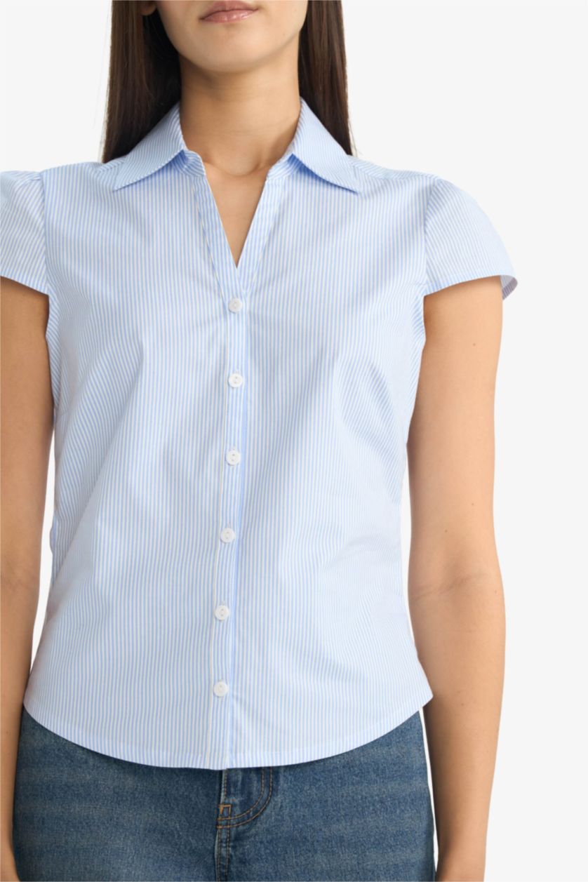 Woman Blue Slim Fit Shirt Collar Short Sleeve Shirt
