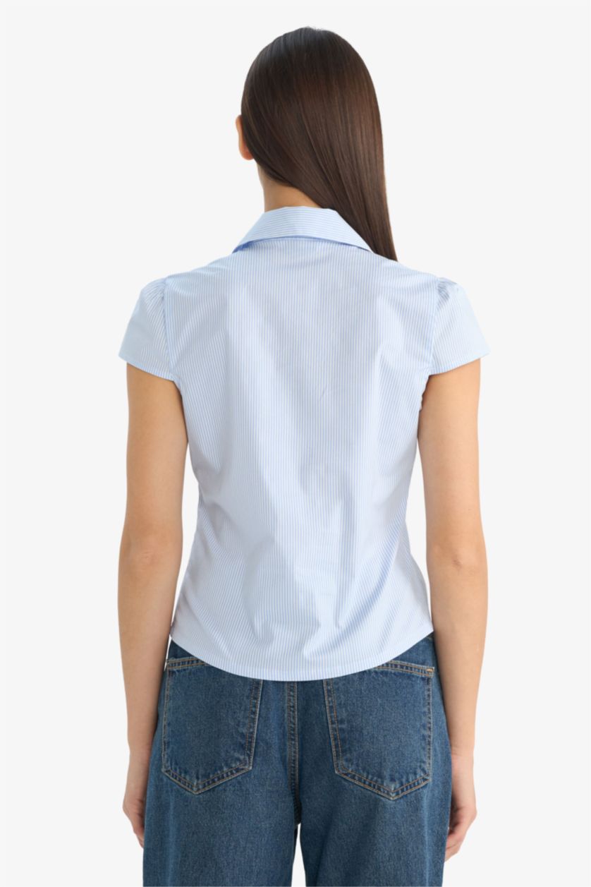 Woman Blue Slim Fit Shirt Collar Short Sleeve Shirt